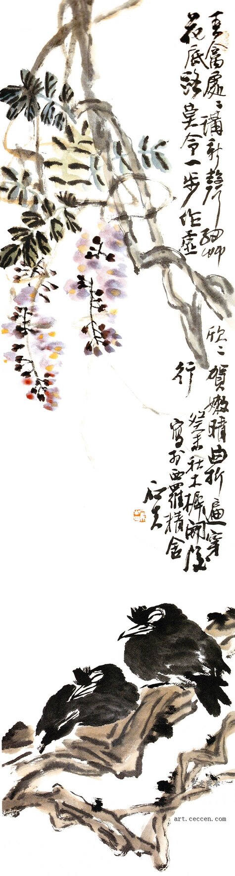 藤萝八哥 138x34cm 纸本墨笔 2003年 郭石夫